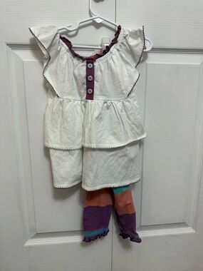 Cream Top with Plum Trim and Colorblock Leggings